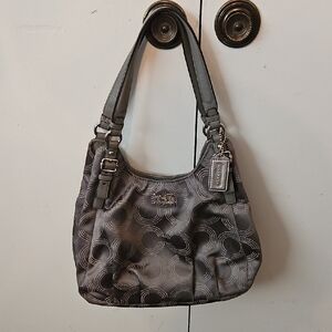 Coach Madison Maggie Silver Signature And Grey Leather Satchel Shoulder Bag